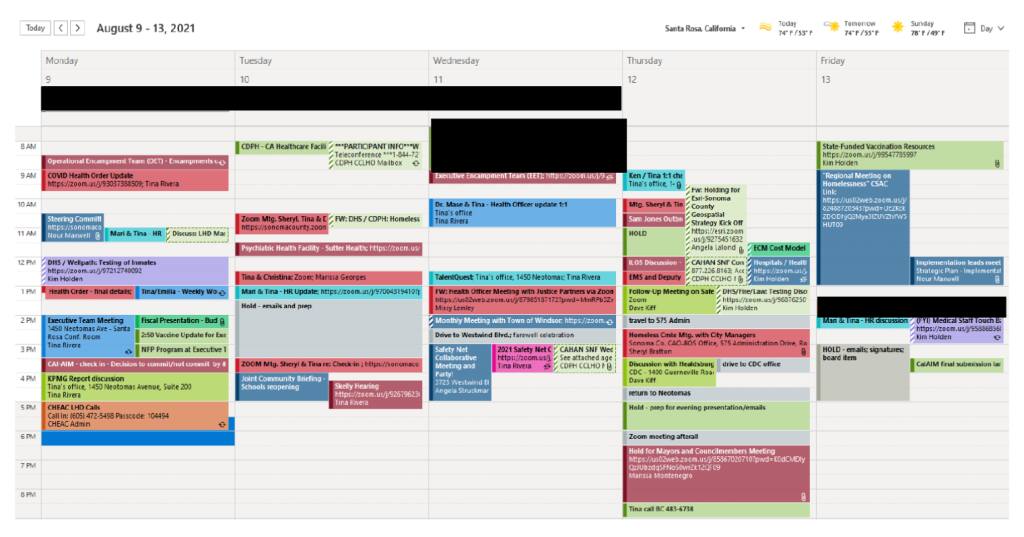 A screenshot made of the Aug. 9-13, 2021, page of Director Tina Rivera’s work calendar, which The Press Democrat obtained through a public records request. The party at Patino’s house was on Wednesday, Aug. 11. Some entries are redacted but the Wednesday evening slot is blank.