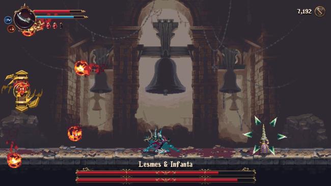 The Penitent One taking advantage of an opening to attack Infanta while Lesmes is across the arena in Blasphemous 2