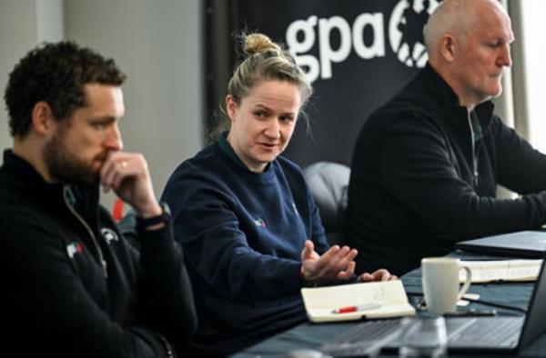 GPA Equality, Diversity and inclusion manager Gemma Begley with GPA chief executive officer Tom Parsons, left, and GPA head of finance and operations Ciarán Barr during a GPA post AGM media briefing at the Radisson Blu Hotel in Dublin Airport, Dublin. Photo by David Fitzgerald/Sportsfile