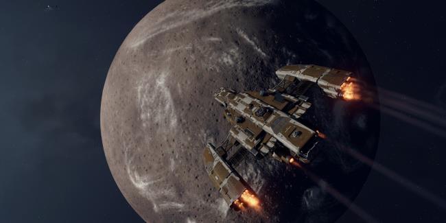 Starfield Spaceshp Flying Over Planet