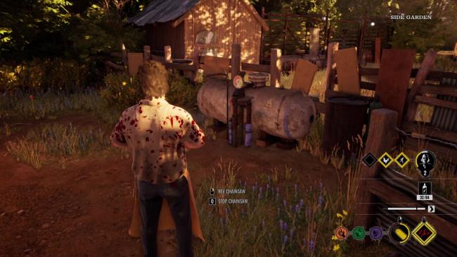 Leatherface looks at a pressure tank on the Family House map.