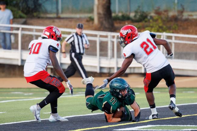 Maria Carrillo’s Wyatt Olsen scores a touchdown during the first quarter against Skyline at Maria Carrillo High School on August 25, 2023. (Abraham Fuentes /For The Press Democrat)