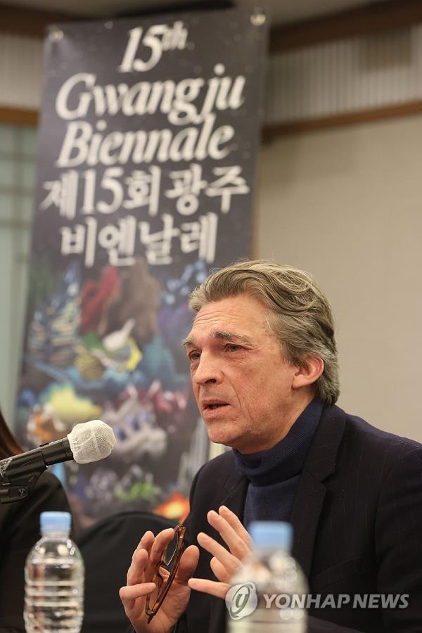 Nicolas Bourriaud, the art director of the 15th Gwangju Biennale, talks during a media event in Seoul on March 26, 2024. (Yonhap) 