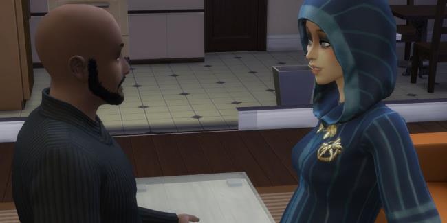 A male Sim invites a female Sim into the secret society in The Sims 4. He gives her a robe, which she wears in the picture.