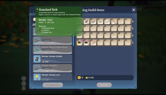 Player character in Auni's shop inventory, showing off recipes for new tool upgrades in Palia.