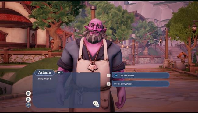 Player character speaking to Ashura and in his talking menu in Palia. 