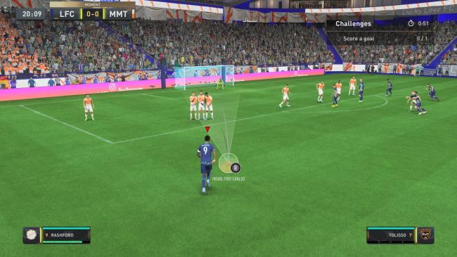Marcus Rashford aims a long-range free kick with over three bars of power in FIFA 23.