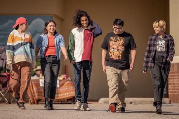 Paulina Alexis as Willie Jack, Devery Jacobs as Elora Danan, D'Pharaoh Woon-A-Tai as Bear, and Lane Factor as Cheese, at the end of Season 2 of 