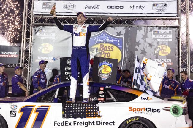 Denny Hamlin celebrates his victory in the NASCAR Cup Series playoff race Saturday, Sept. 16, 2023, in Bristol, Tennessee. (Wade Payne / ASSOCIATED PRESS)