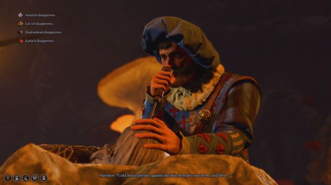 Baldur's Gate 3 - Volo blinds the player with an ice pick while everyone judges them