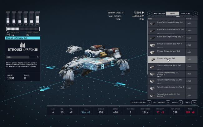  User interface in Starfield showcasing Ship Habs and variants