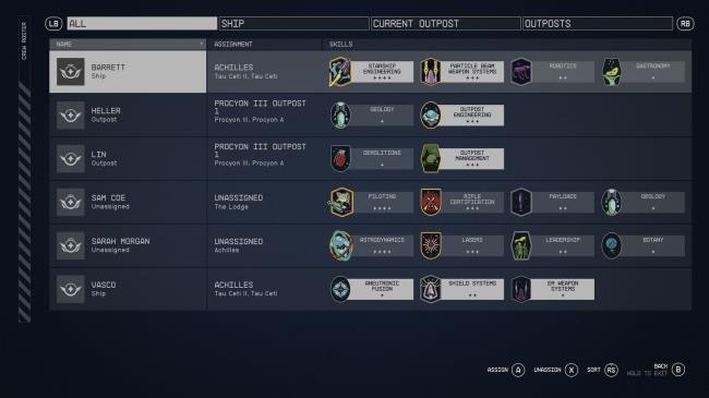 A Starfield menu showing all recruited crew and their skills.