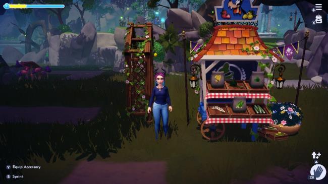 Disney Dreamlight Valley Dazzle Beach stall showing seeds for sale with an avatar standing to the left of the stall.