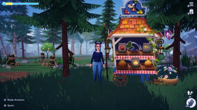 Disney Dreamlight Valley Forest Of Valor stall with seeds for sale and an avatar standing to the left of the stall.