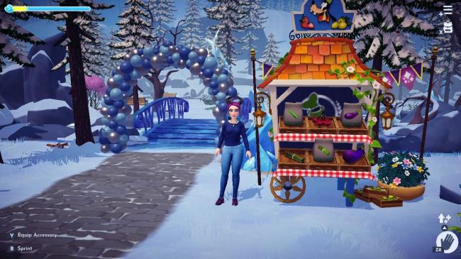 Disney Dreamlight Valley Frosted Heights seed stall with avatar standing to the left.