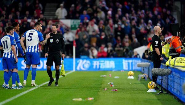 Referee Anthony Taylor reviews a decision on the VAR monitor, and awards a penalty to Nottingham Forest. Referee Anthony Taylor reviews a decision on the VAR monitor, and awards a penalty to Nottingham Forest.