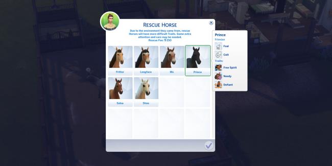 Sims 4 menu for rescuing a horse. Shows horses available and the traits of a horse named Prince.