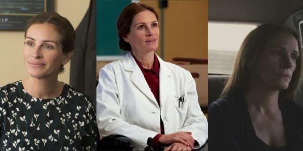 Split screen Image of Julia Roberts in Wonder, The Normal Heart, and August Osage County