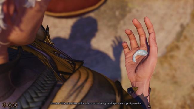 Baldur's Gate 3 - Astarion looking down and holding the Astral Tadpole