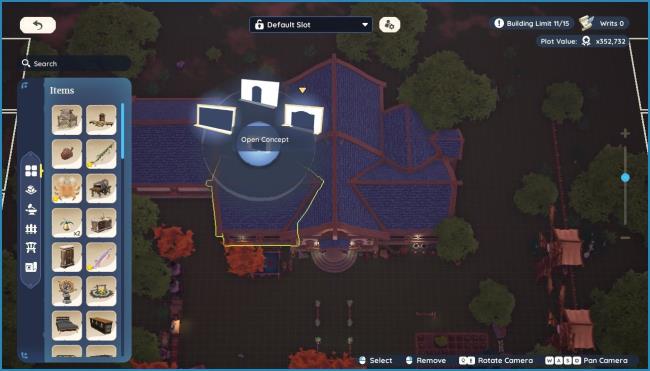 Player character in the Advanced Housing Menu and showing three different modifications available for a doorway in Palia. 